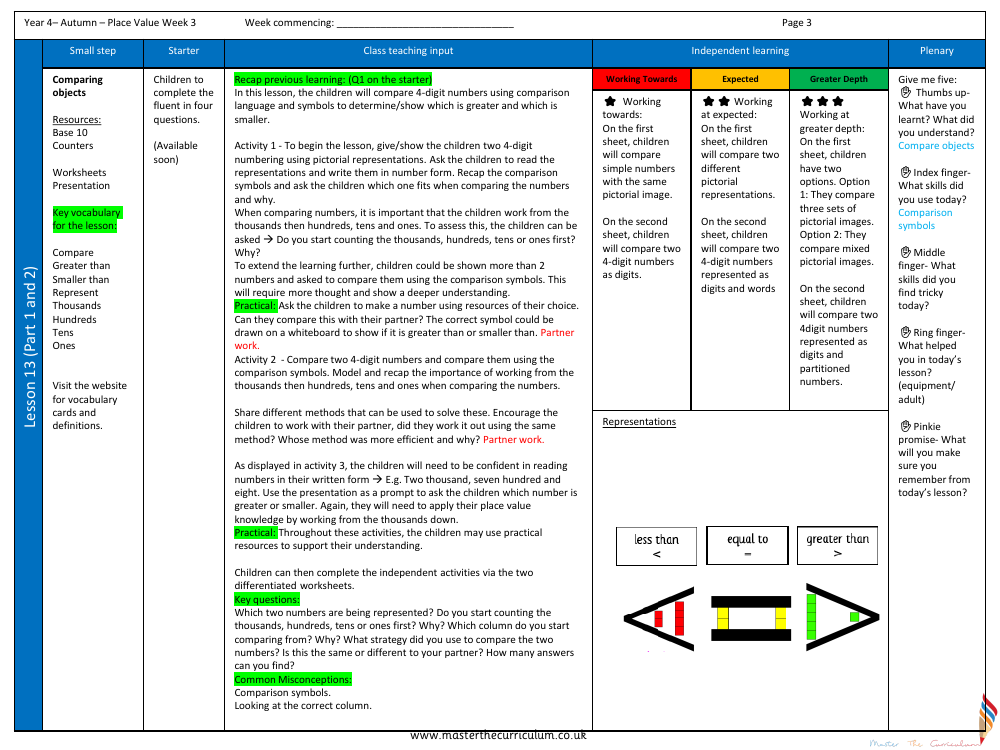 Place value - Comparing objects - Planning