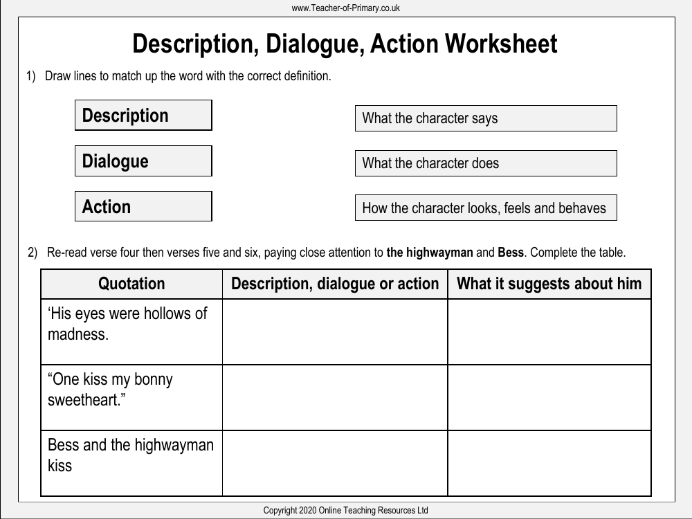 The Highwayman - Lesson 3 - Description Dialogue Action Worksheet