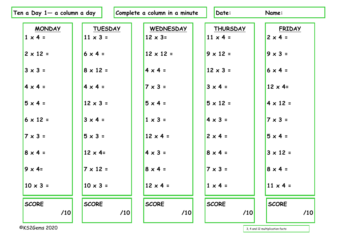 Ten a Day 3, 4 and 12 Times Table