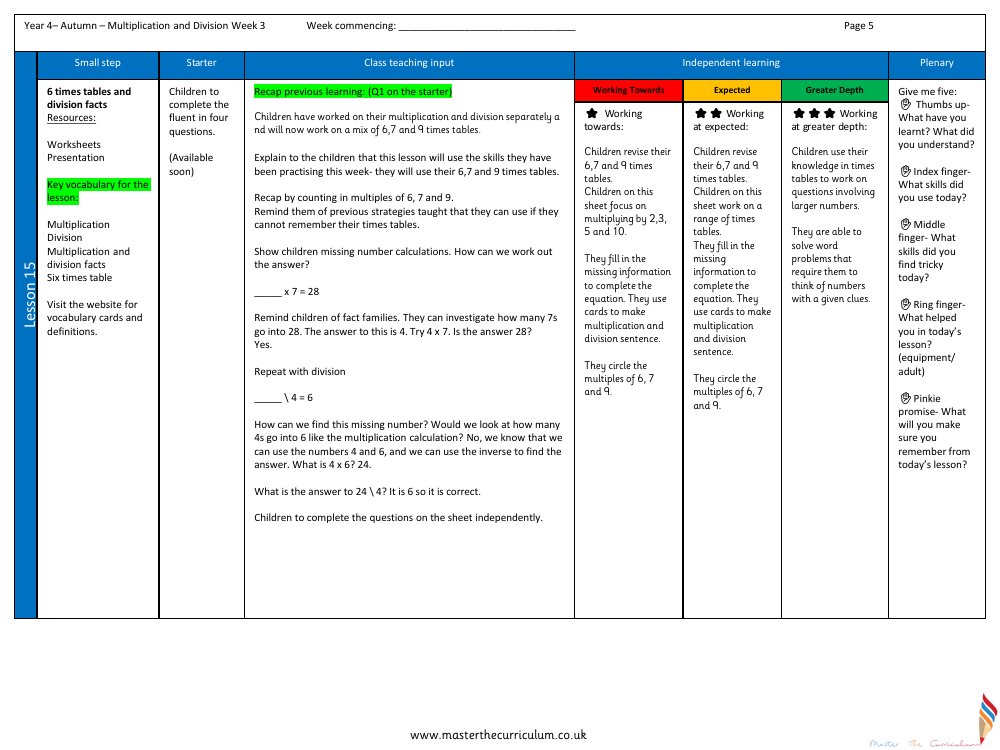 Multiplication and Division - 6, 7 and 9 Times Tables - Planning