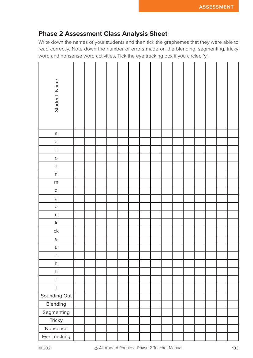 Eye Tracking Assessment sheet - Phonics Phase 2 - Resource