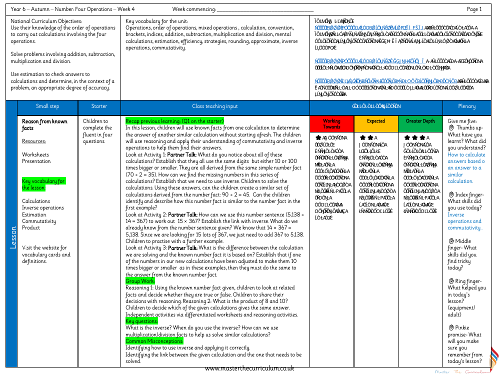 Addition, Subtraction, Multiplication and Division - Reason from known facts - Planning