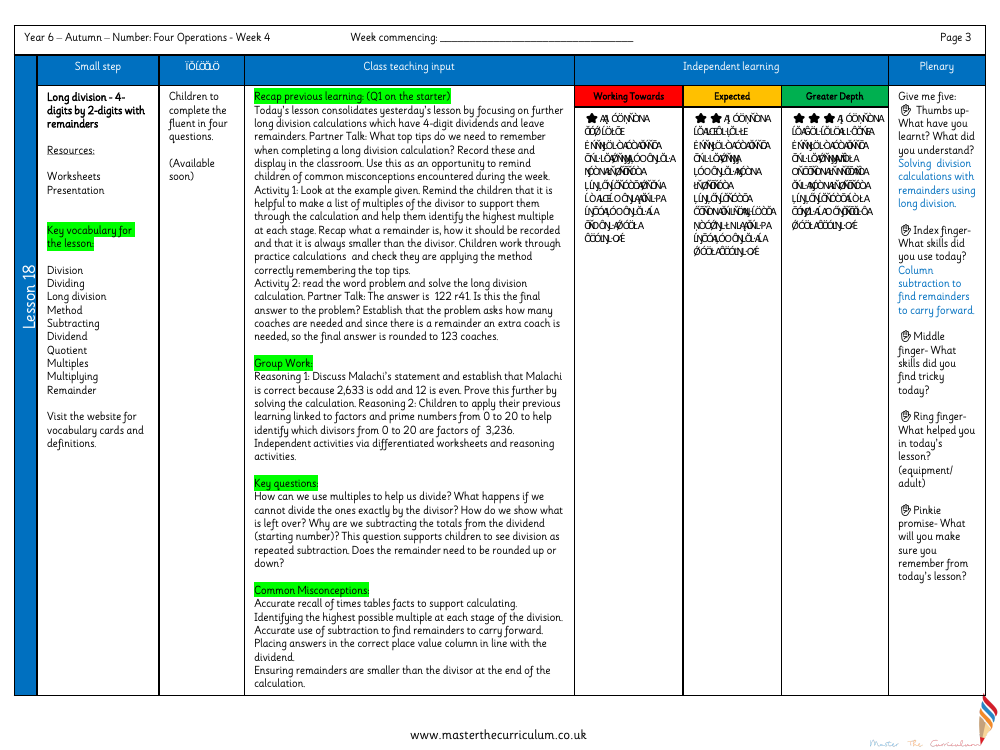 Addition, Subtraction, Multiplication and Division - Long division - 4-digits by 2-digits  (with remainders) - Planning