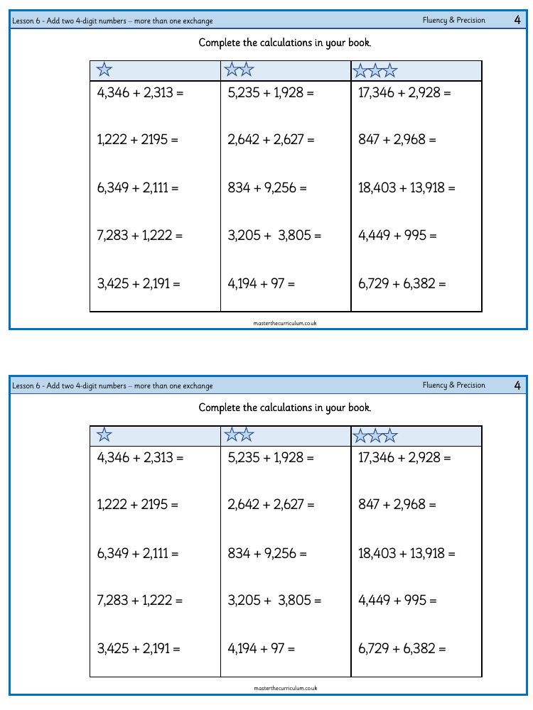 Addition and Subtraction - Add 2 four digit numbers (more than one exchange) - Worksheet