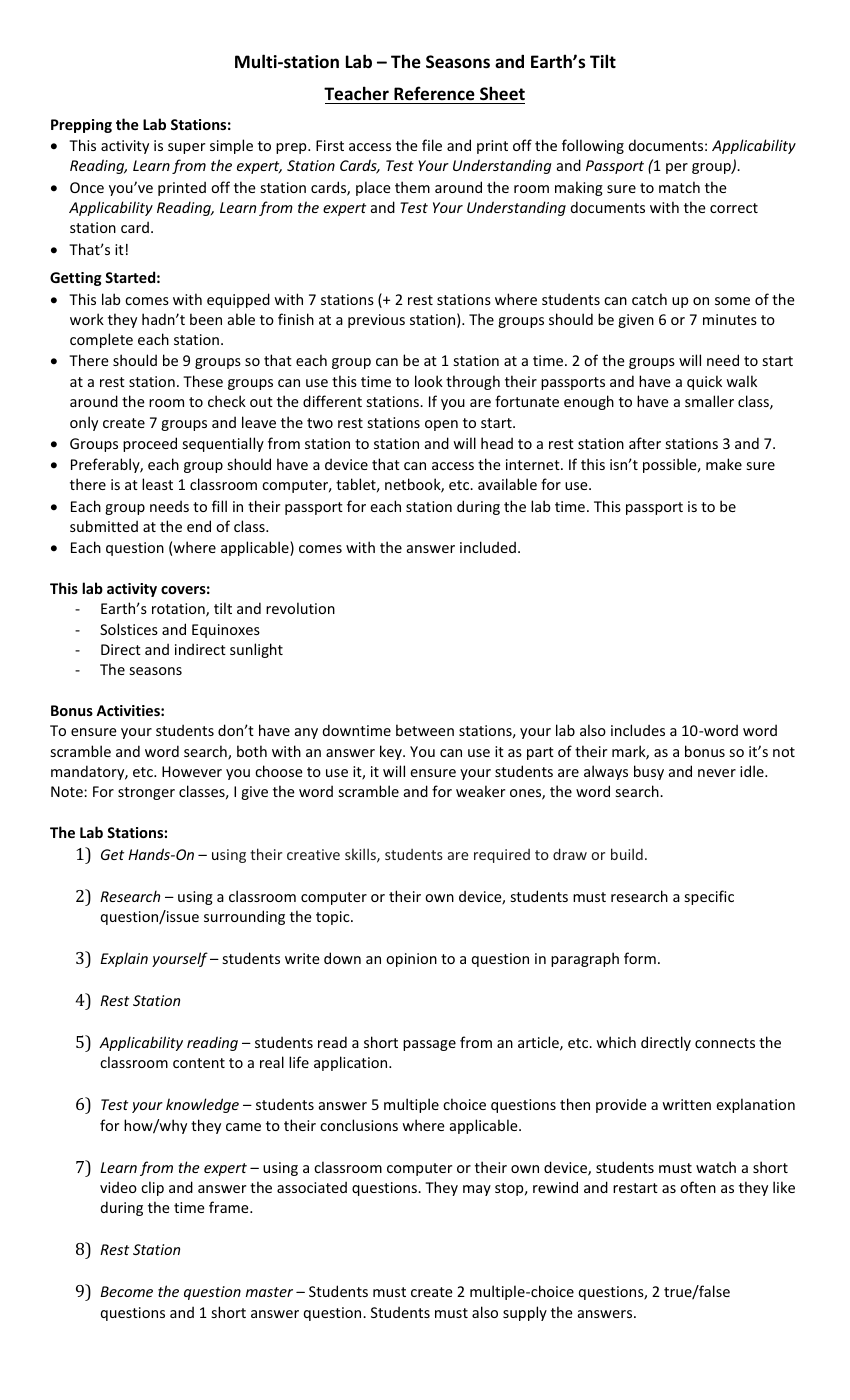 Earth's Seasons - Activity Instructions