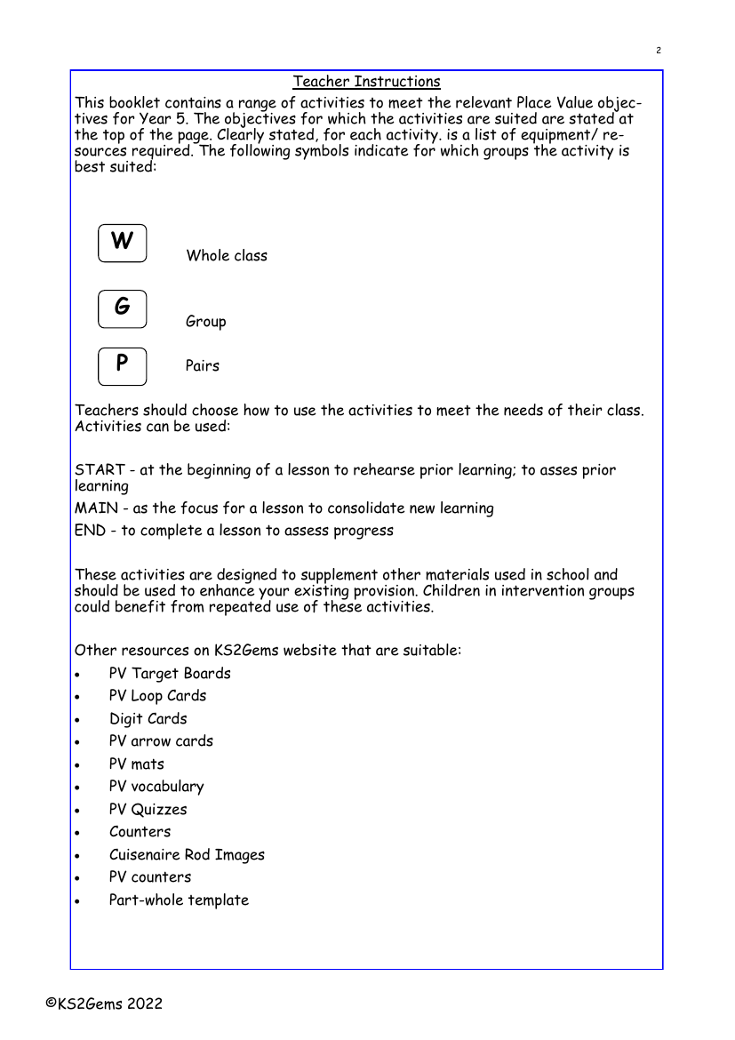 Place Value teacher instructions