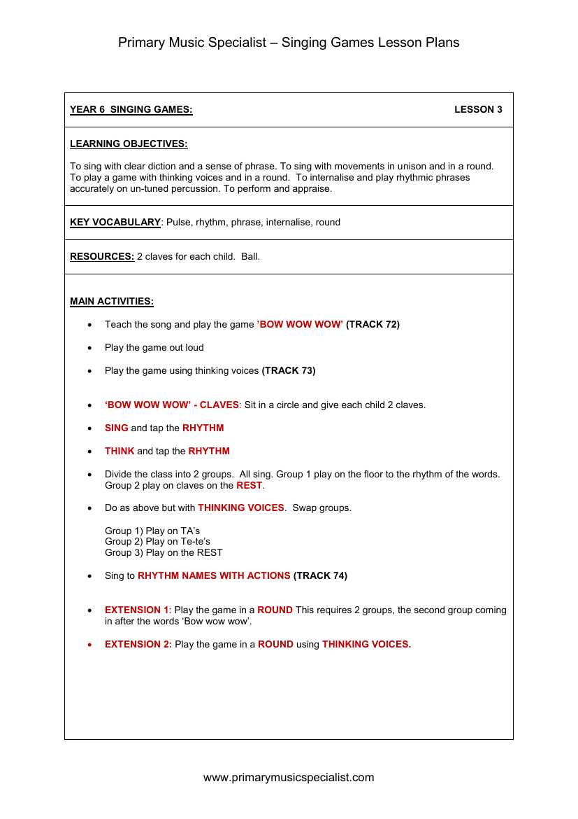 Singing Games Lesson Plan - Year 6 Lesson 3