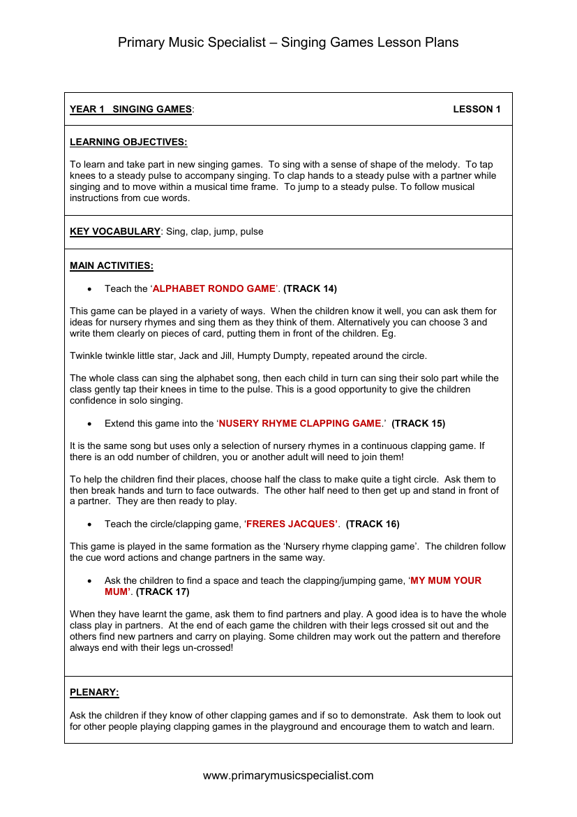 Singing Games Lesson Plan - Year 1 Lesson 1