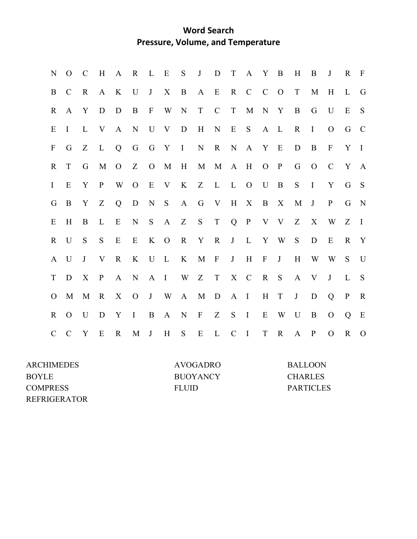 Pressure, Volume, and Temperature - Word Search