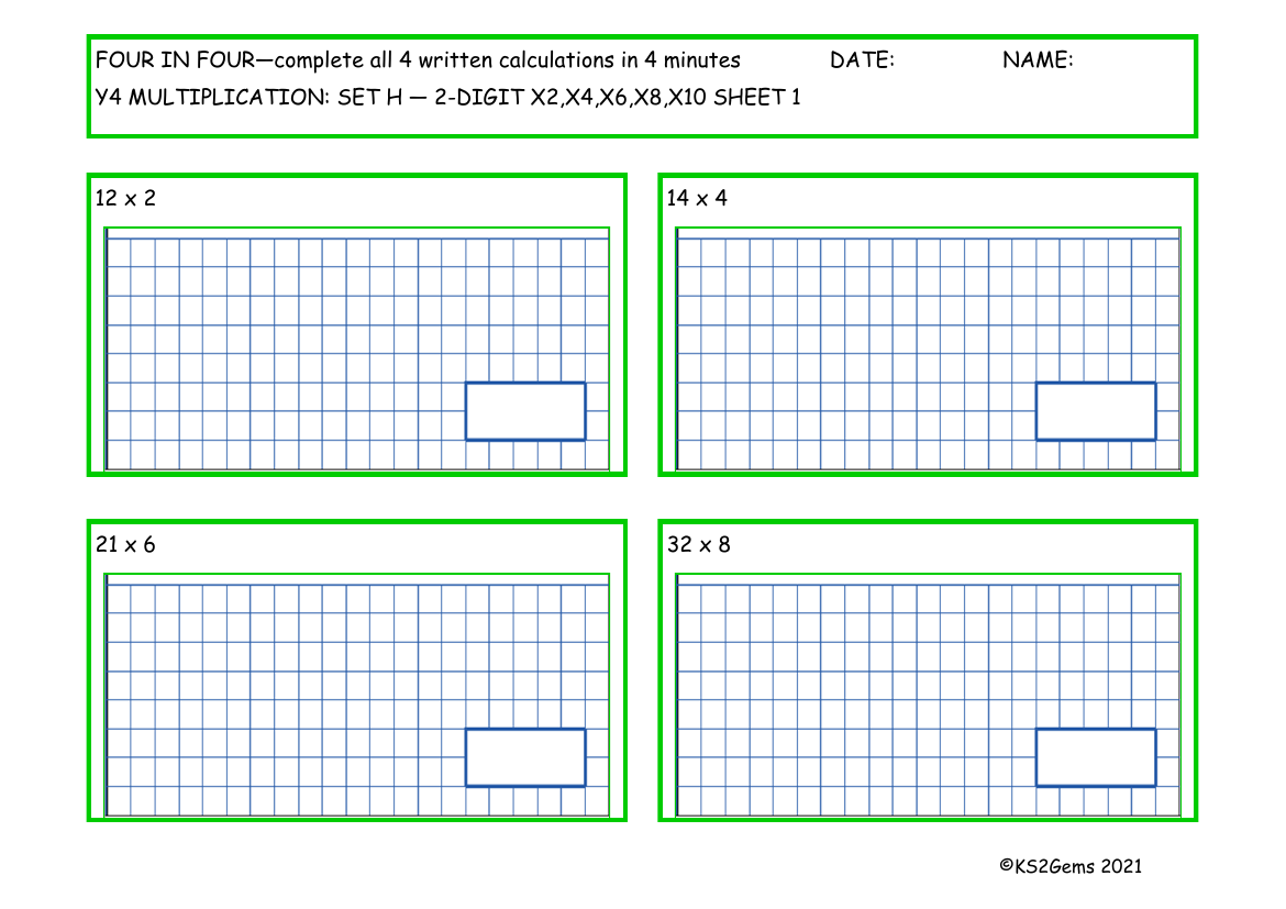 Four in Four -  Multiplication Set H 2 digit number x2,x4,x6,x8,x10