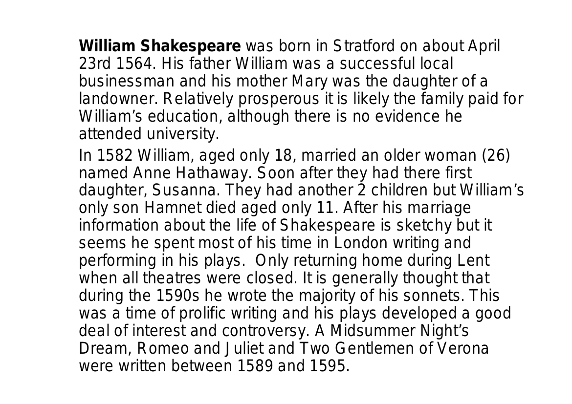 Searching for Shakespeare - Lesson 1 - Shakespeare Biography Worksheet