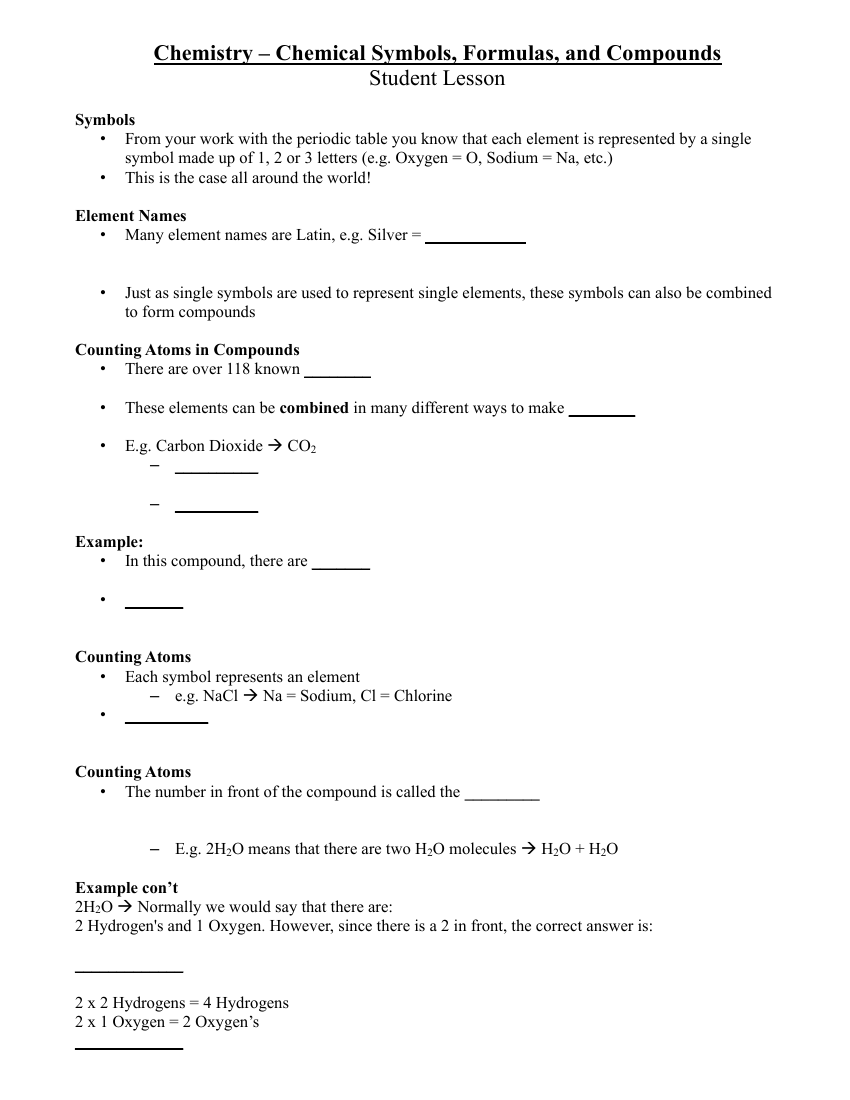 Chemical Symbols, Formulas, and Compounds - Middle School Student Lesson Outline