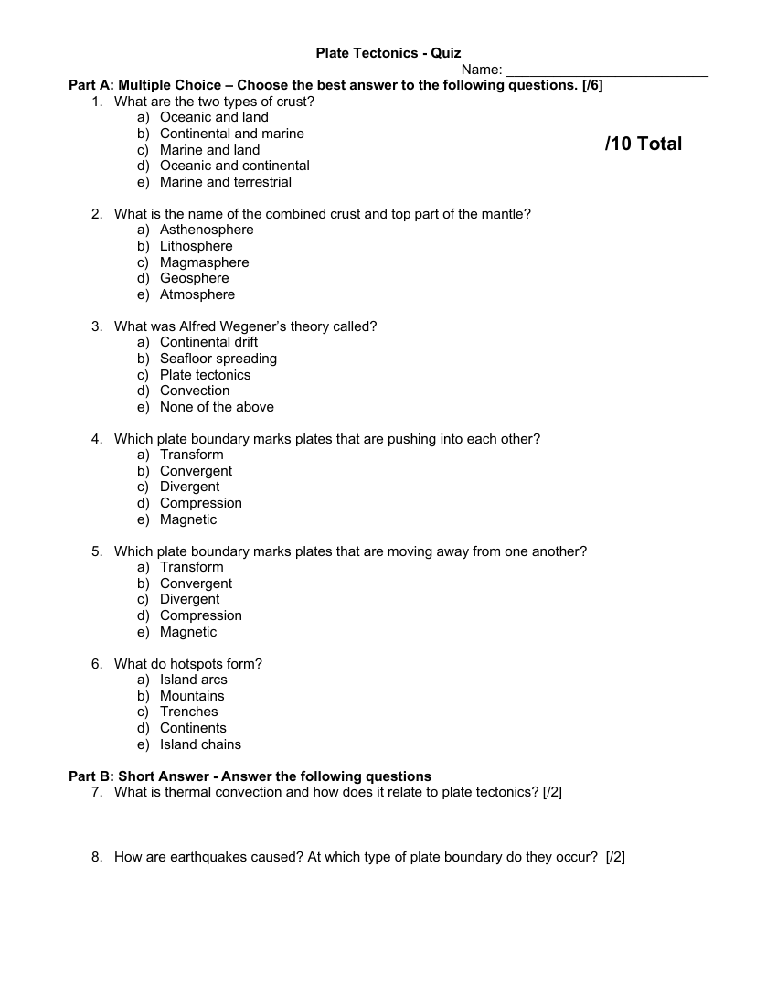 Plate Tectonics - Quiz