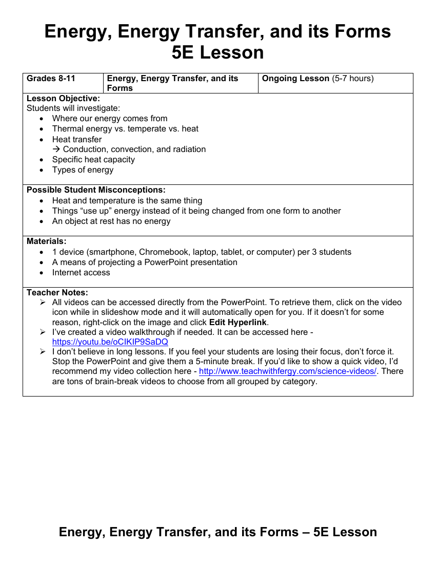 Energy, Energy Transfer, and its Forms - Teaching Timeline