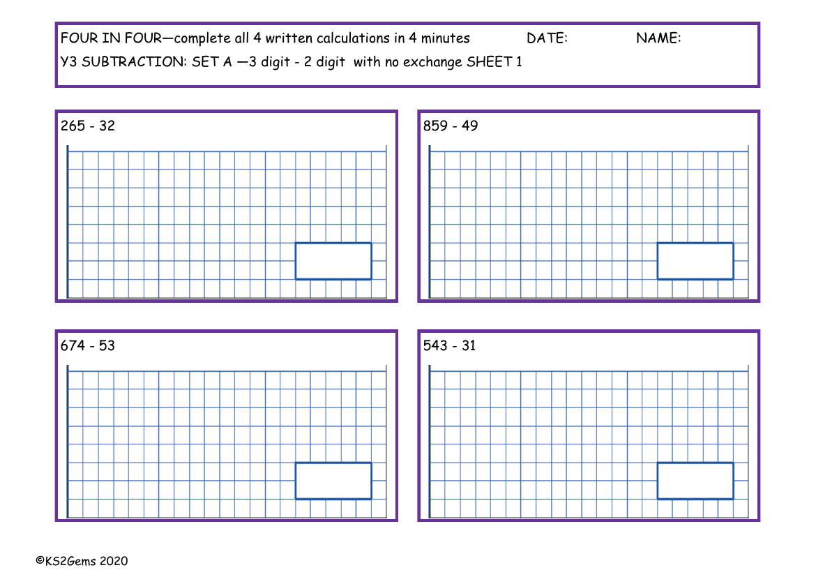 Four in Four - Subtraction Set A - 3d - 2d with no exchange