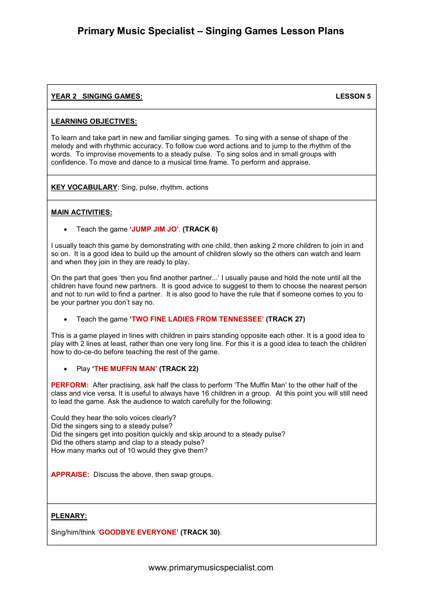 Singing Games Lesson Plan - Year 2 Lesson 5