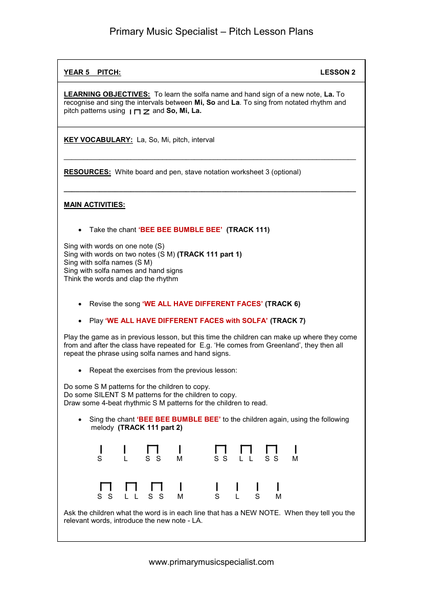 Pitch Lesson Plan - Year 5 Lesson 2