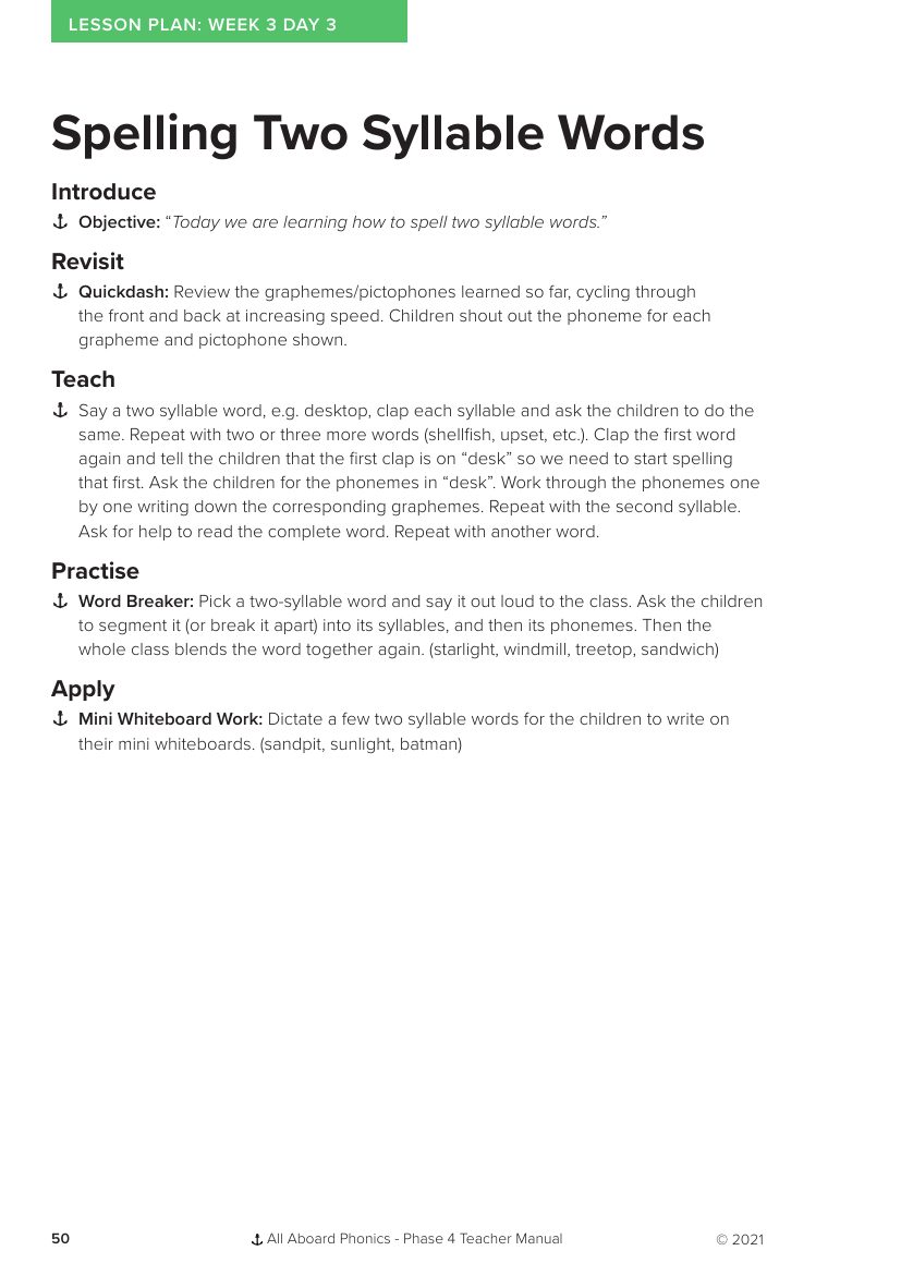 Week 3, lesson 3 Spelling Two Syllable Words - Phonics Phase 4- Lesson plan