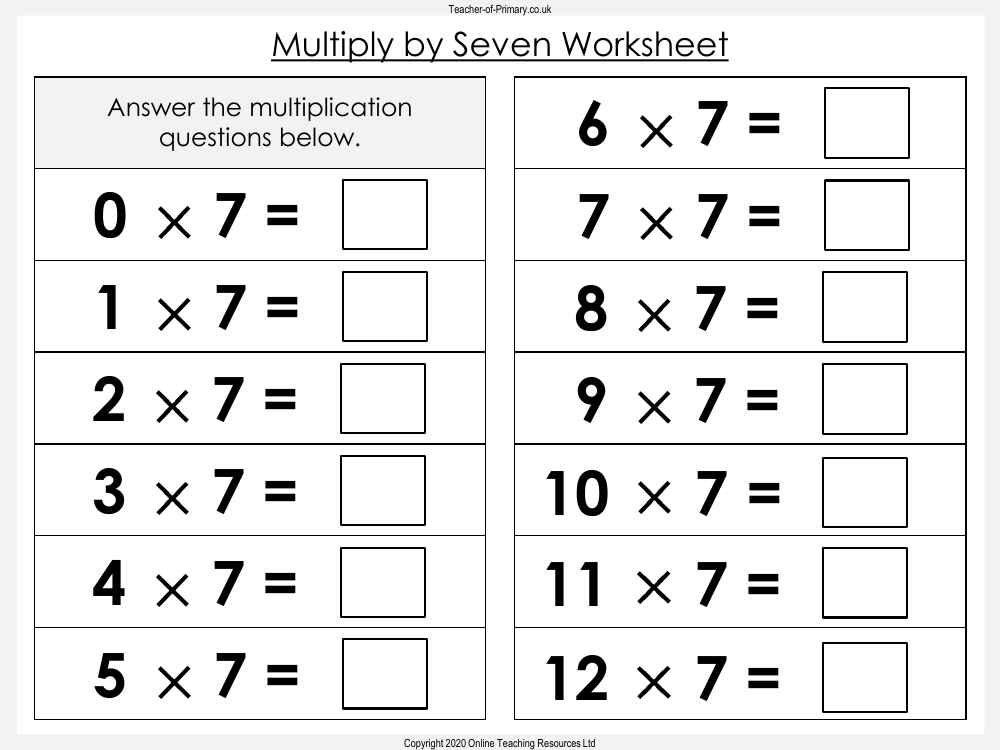 Multiply by Seven - Worksheet