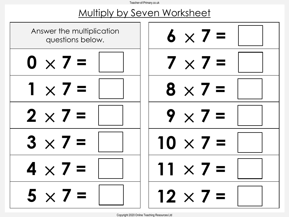 Multiply By Seven Worksheet Maths Year 3