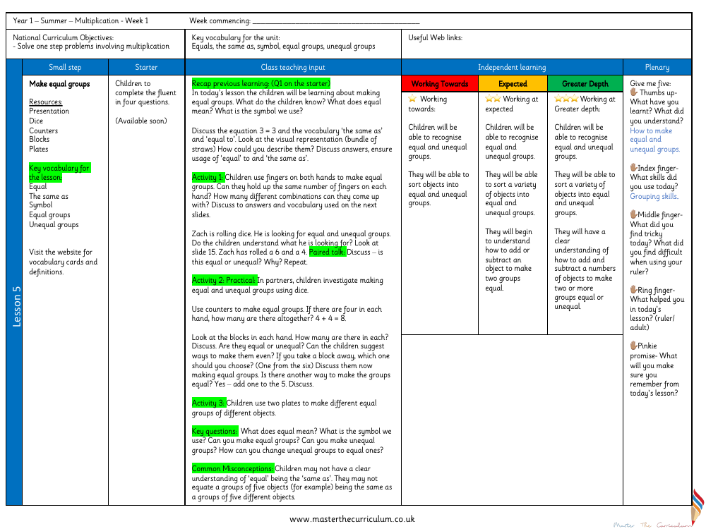 Multiplication and division - Make equal groups - Planning