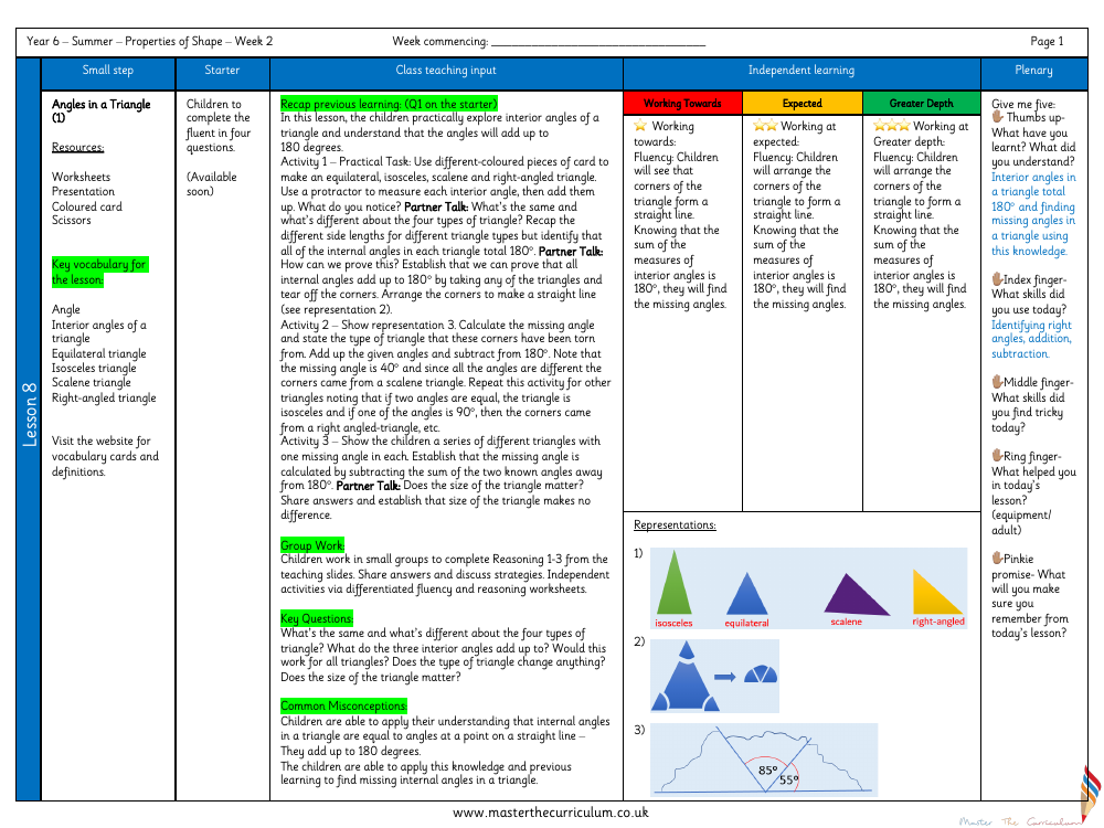Properties of Shape - Angles in a Triangle (1) - Planning