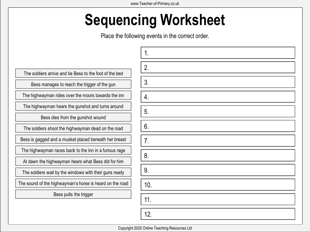 The Highwayman - Lesson 10 - Sequencing Worksheet