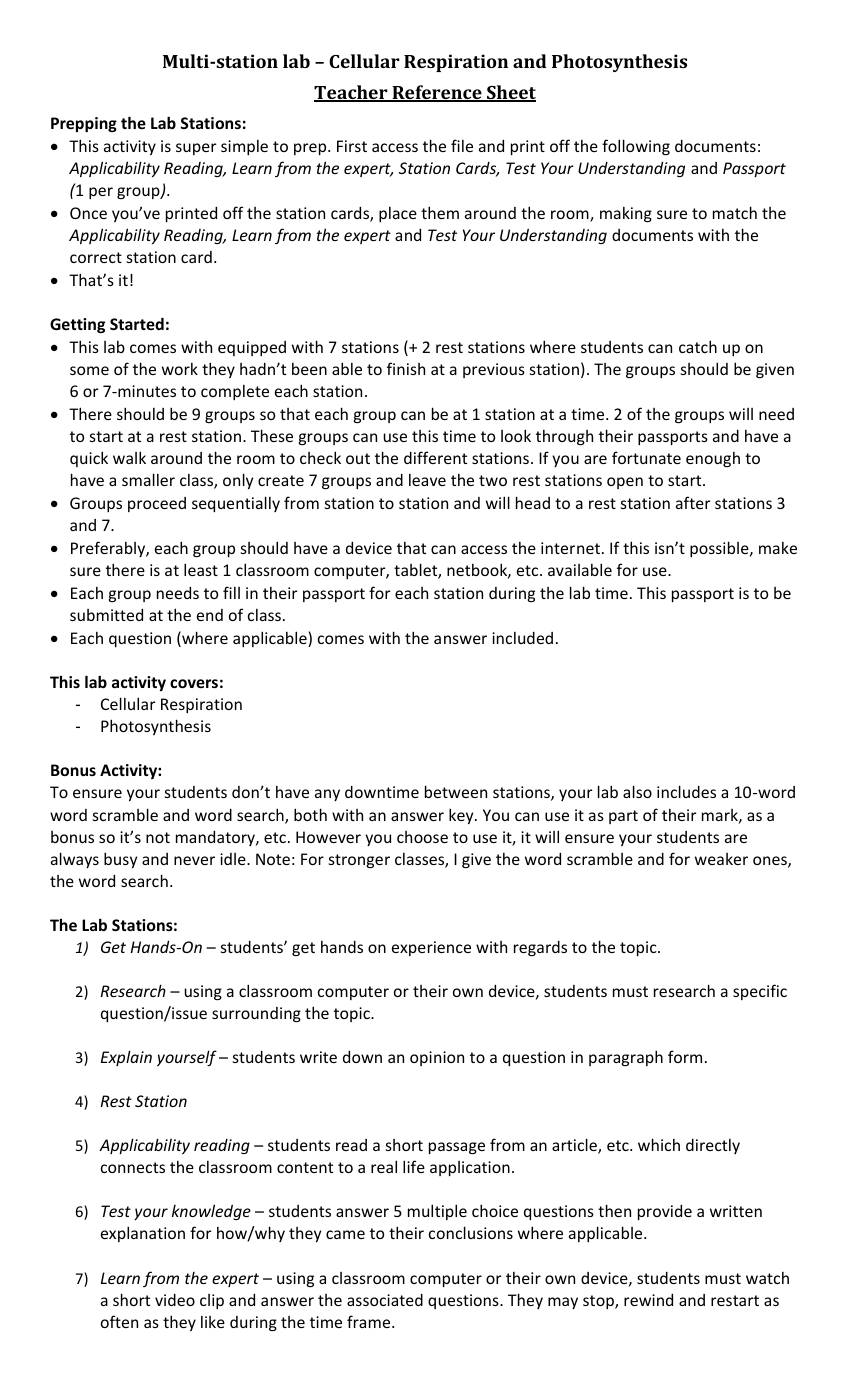 Cellular Respiration Photosynthesis - Activity Instructions