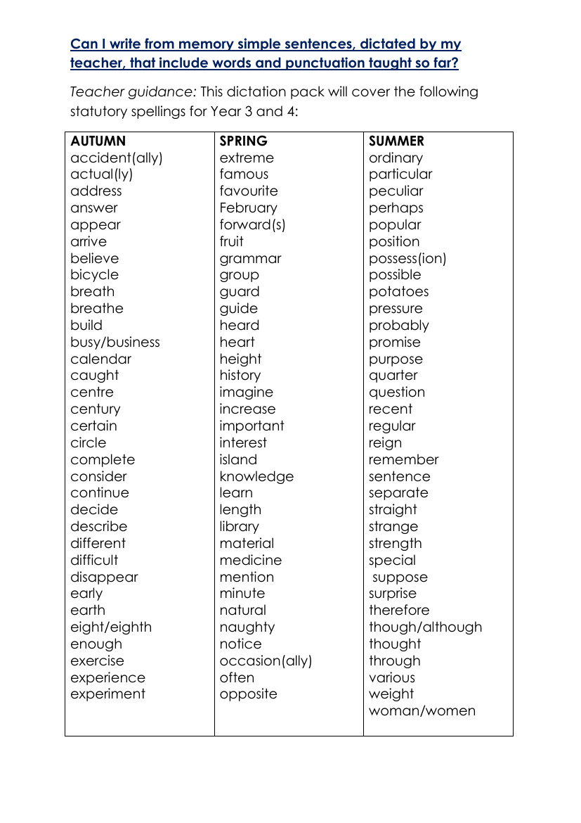 2nd Grade and 3rd Grade Autumn Term Spellings Dictation - Worksheet