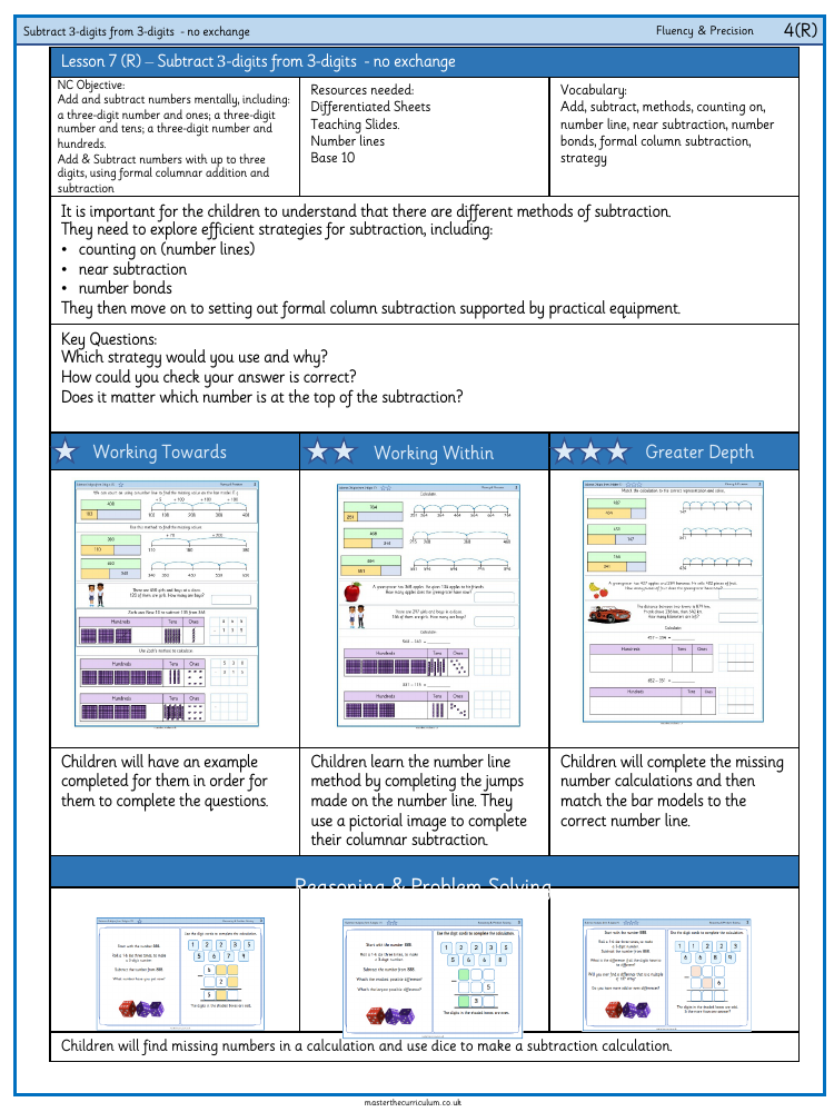 Addition and Subtraction - Subtract a three digit number from a three digit number (no exchange) - Worksheet