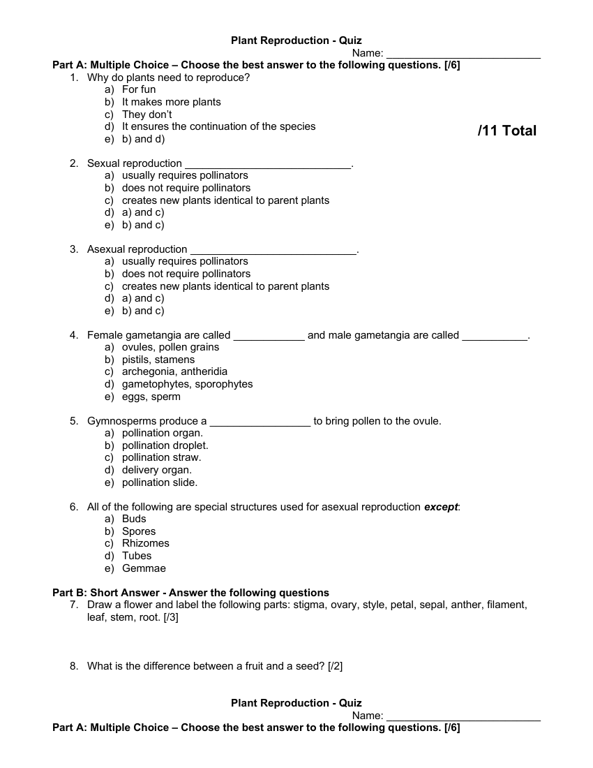 Plant Reproduction - Quiz