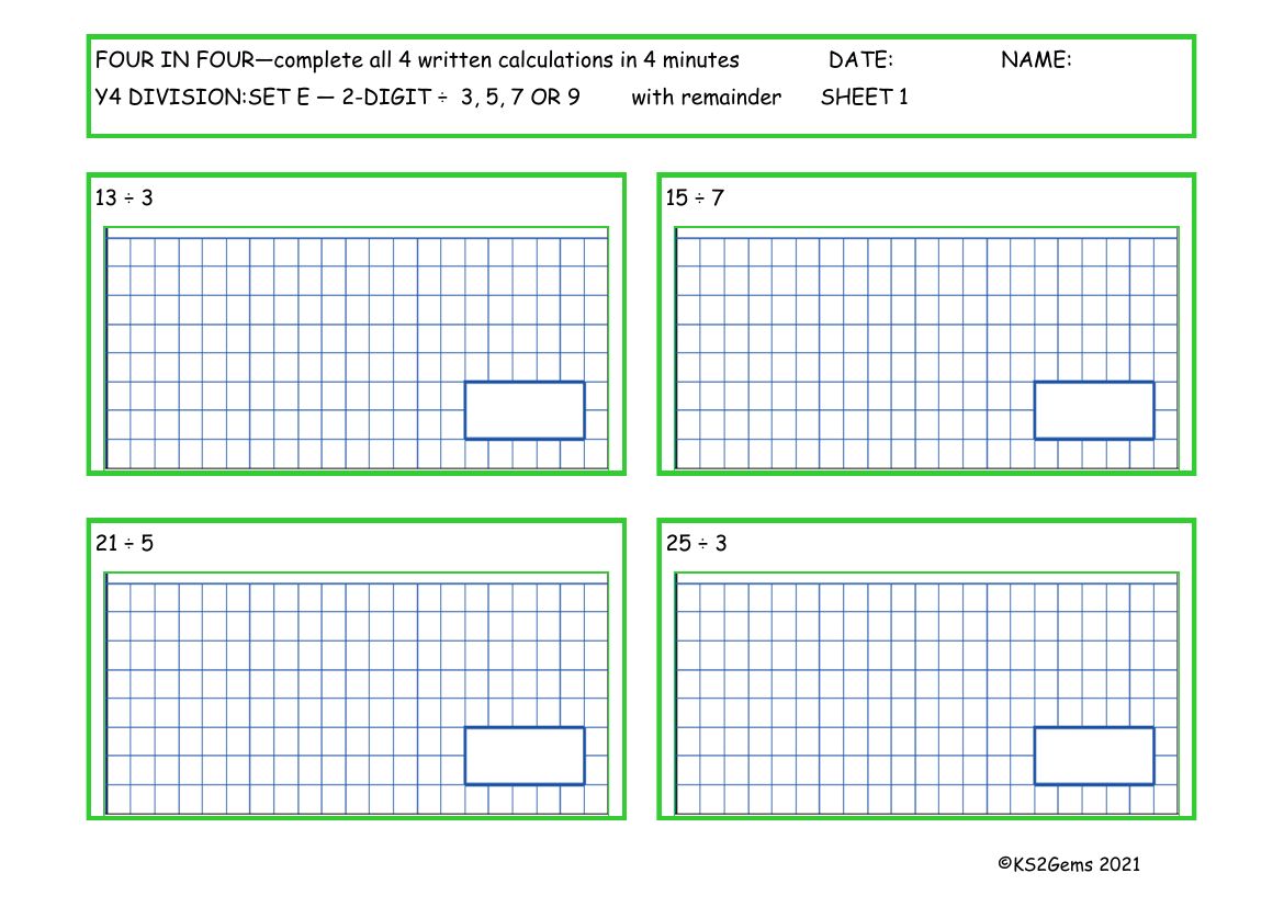 Four in Four -  Division Set E 2 digit number - 3, 5, 7 or 9 with remainder