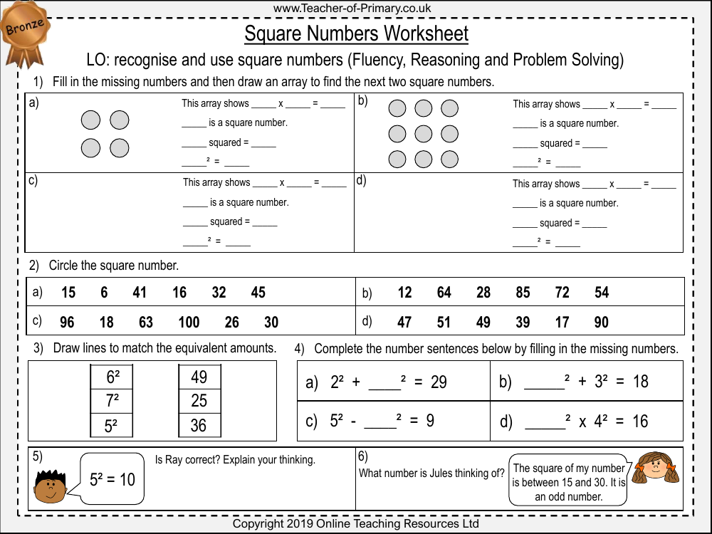 Square Numbers Worksheet Maths Year 5