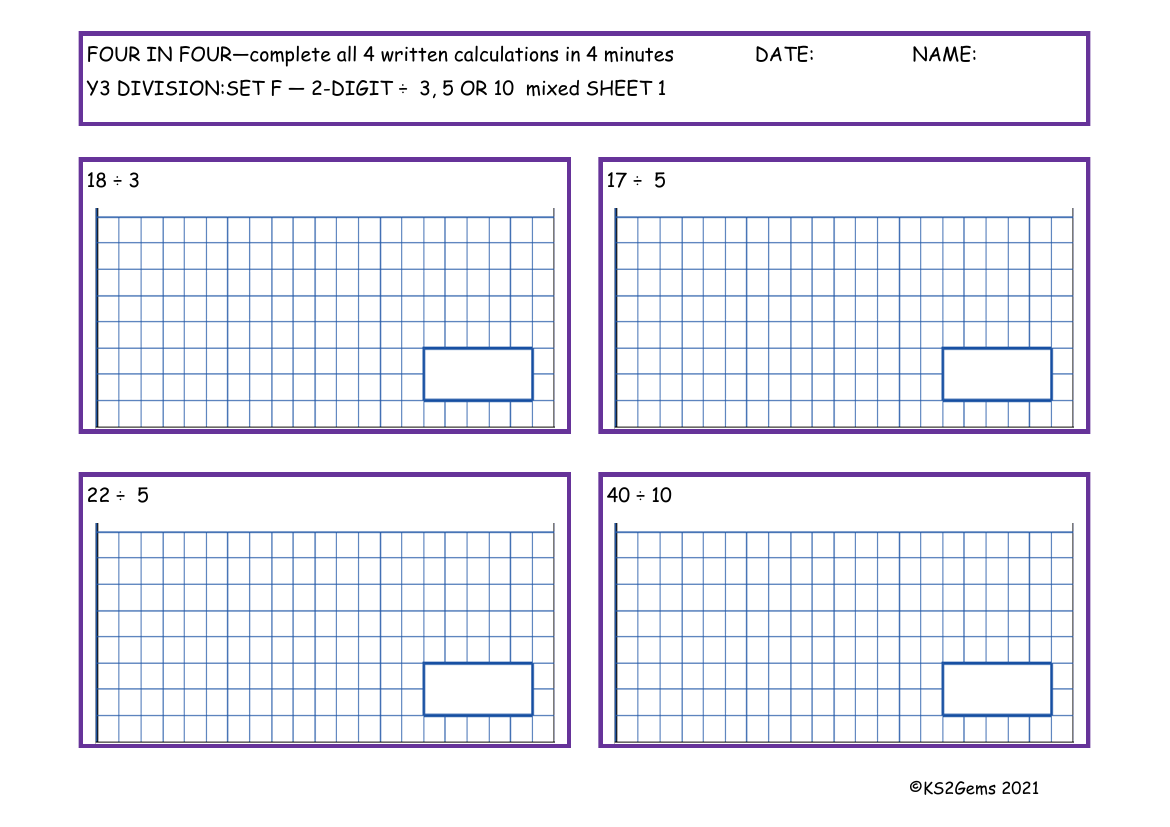 Four in Four - Division Set F 2 digit number 3, 5 or 10 with mixed