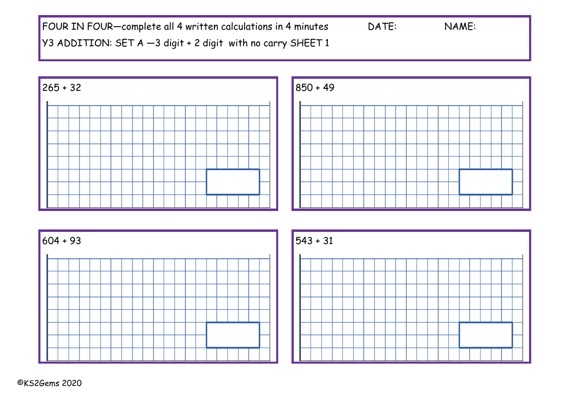 Four in Four - Addition Set A - 3d + 2d with no carry