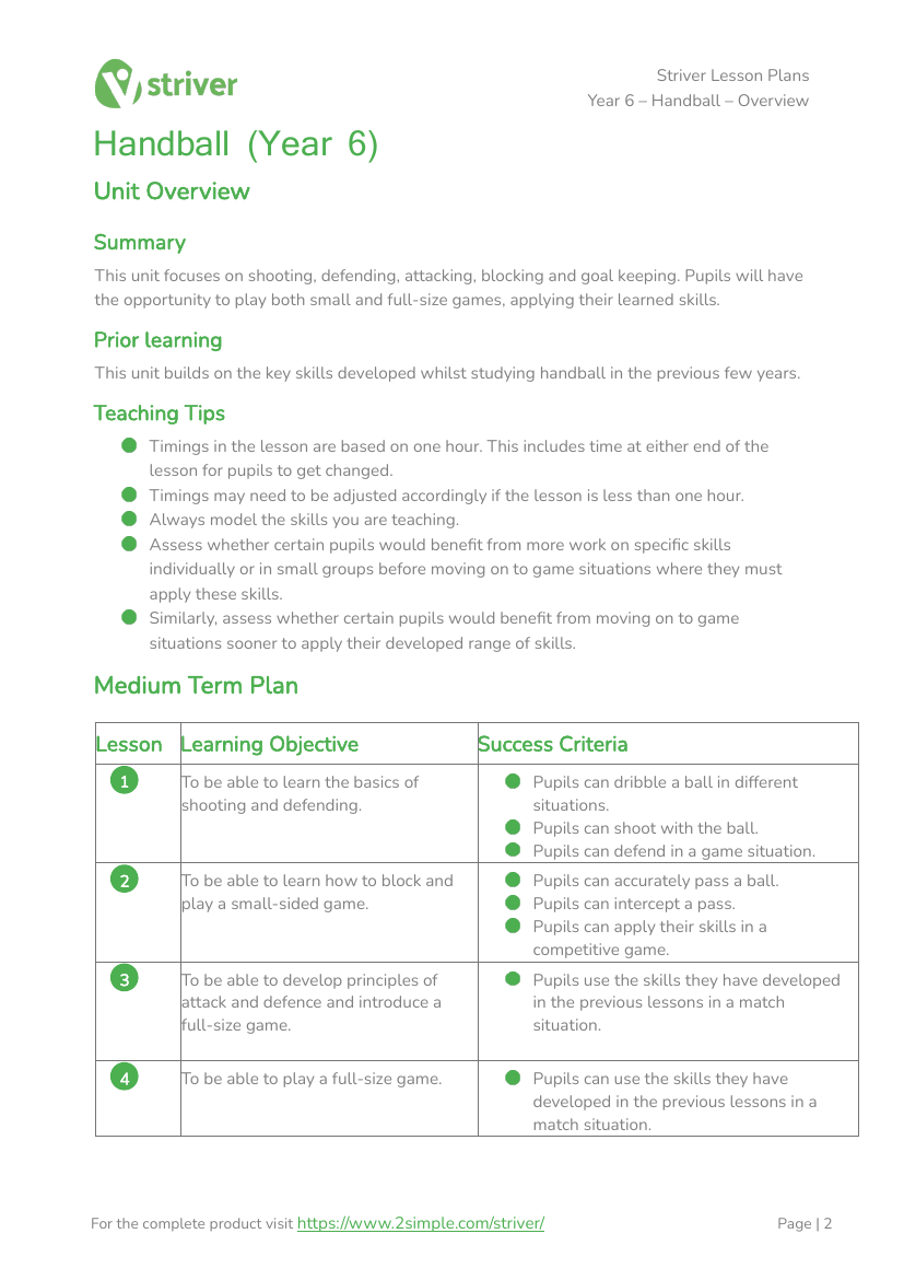 Handball -  Unit Overview