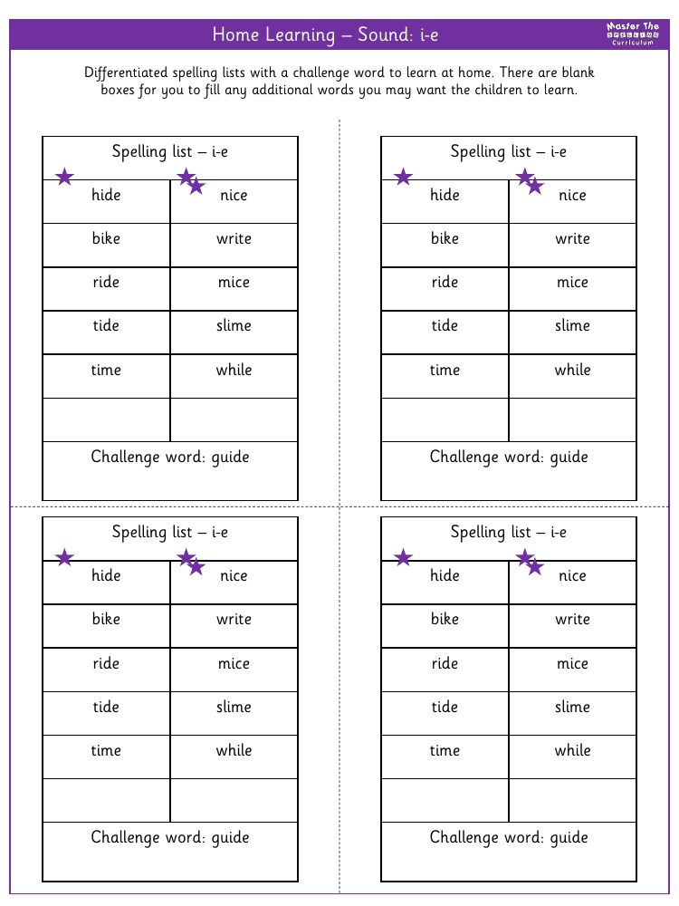 Spelling - Home learning - Sound i-e