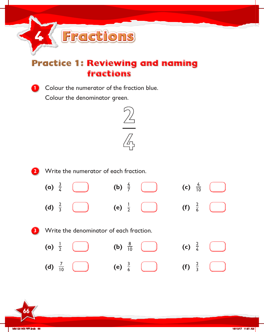 Max Maths, Year 3, Work Book, Reviewing and naming fractions