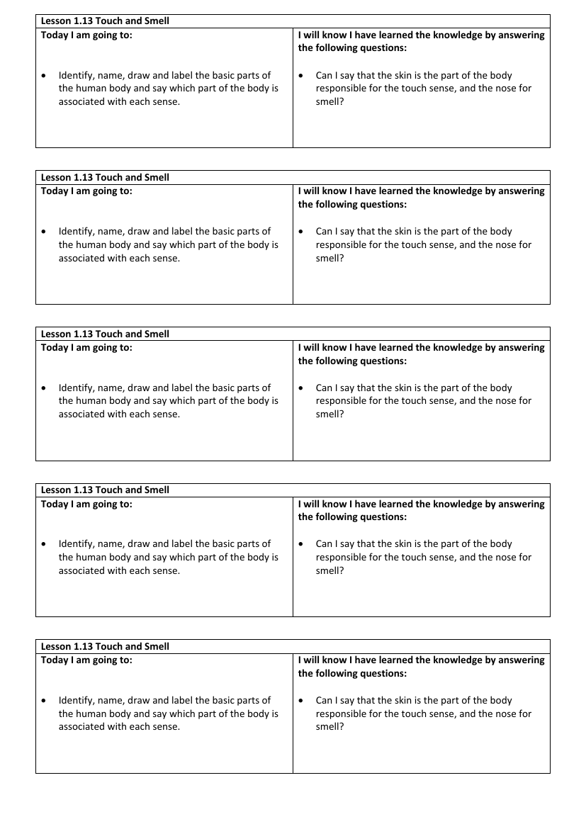 Touch and Smell - Objectives Labels