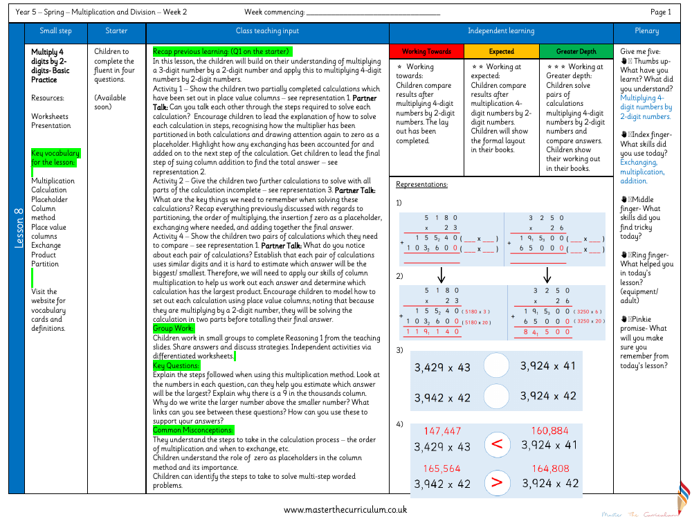 Multiplication and Division (2) - Multiply 4 digits by 2-digits (Basic Practice) - Planning