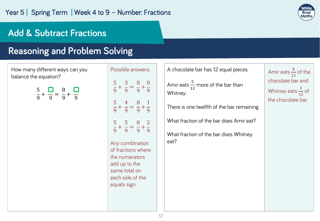 Add and Subtract Fractions: Reasoning and Problem Solving