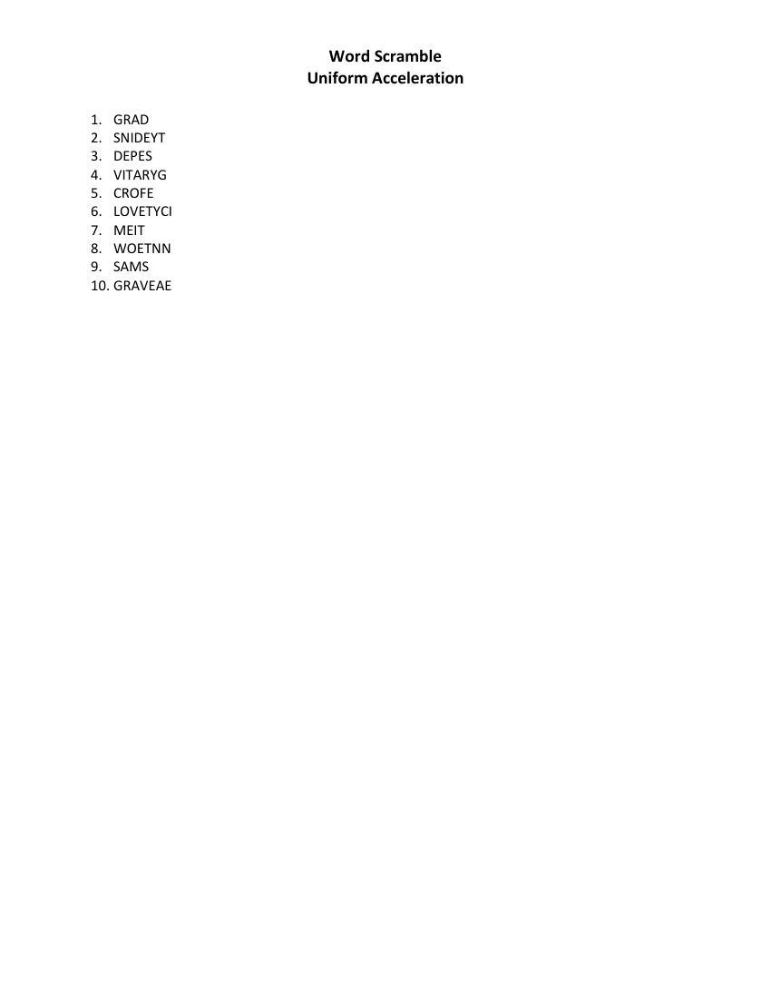 Uniform Acceleration - Word Scramble