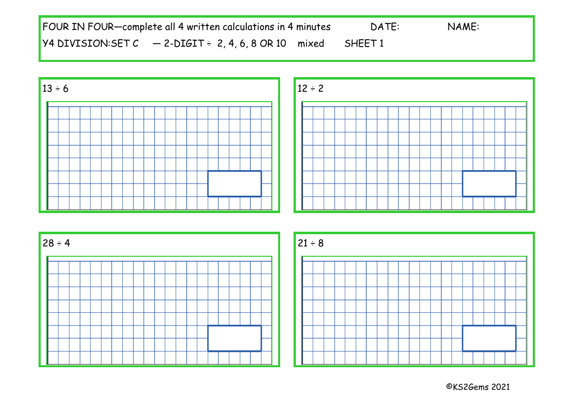 Four in Four -  Division Set C 2 digit number - 2, 4 6, 8 or 10 mixed