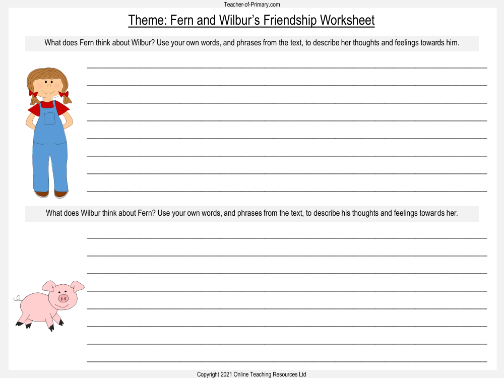 Charlotte's Web - Lesson 3: Fern and Wilbur - Fern and Wilbur's Friendship Worksheet