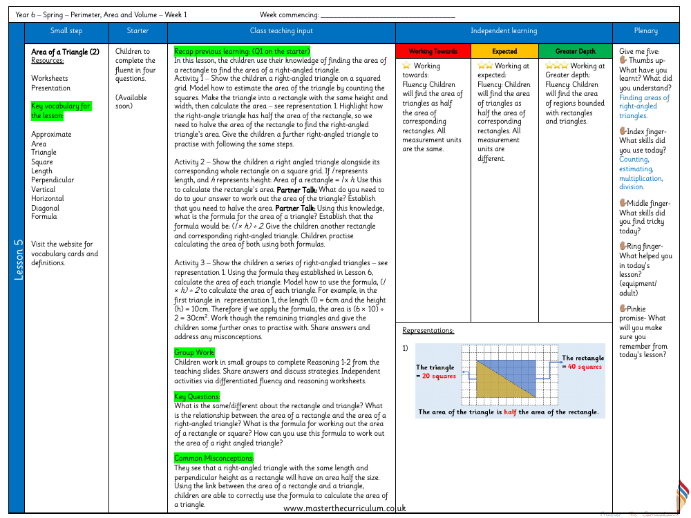 Perimeter, Area and Volume - Area of a Triangle (2) - Planning