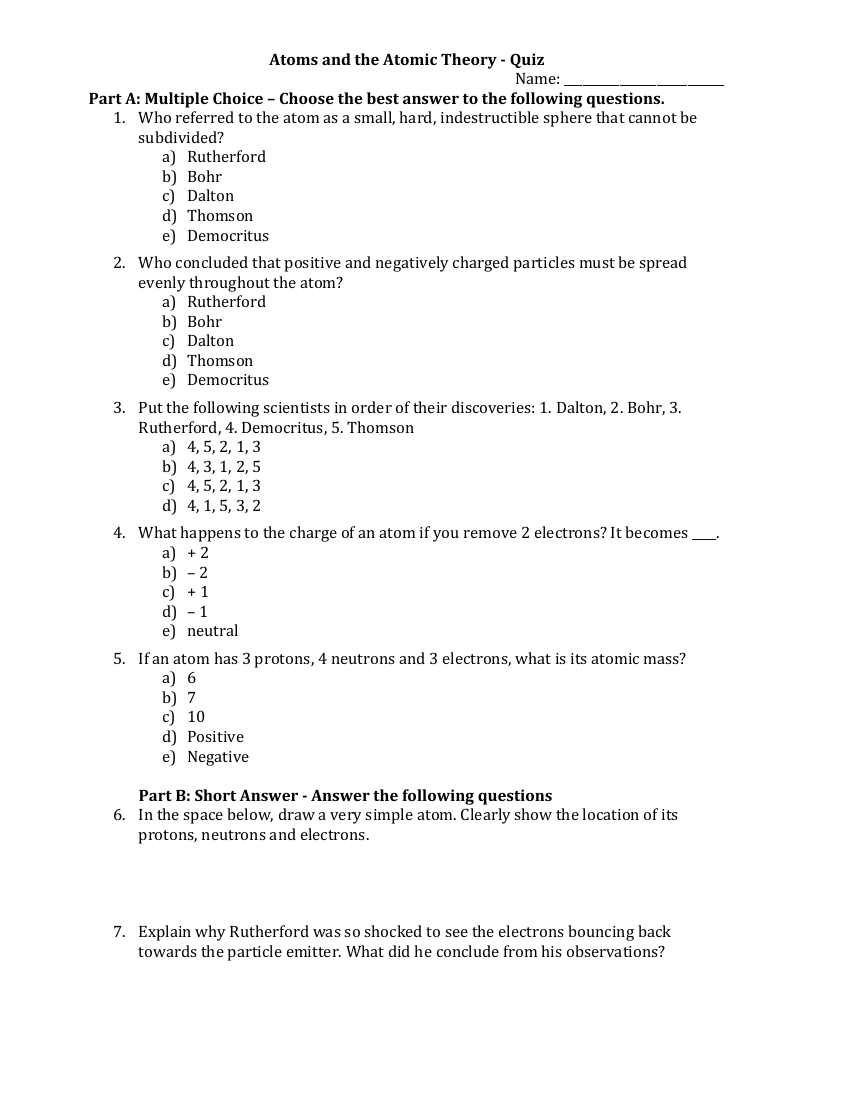 Atoms and the Atomic Theory - Quiz