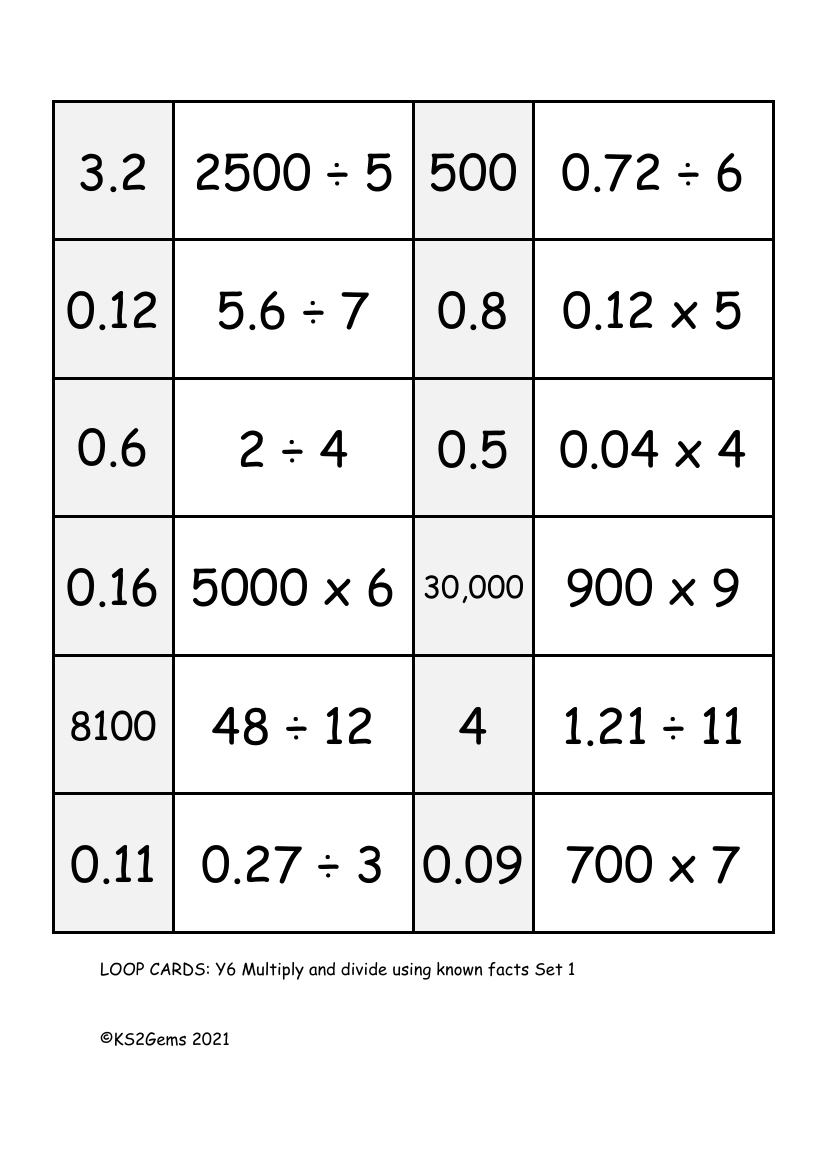 Loop Card Game - Multiply and divide using known facts  Set 1