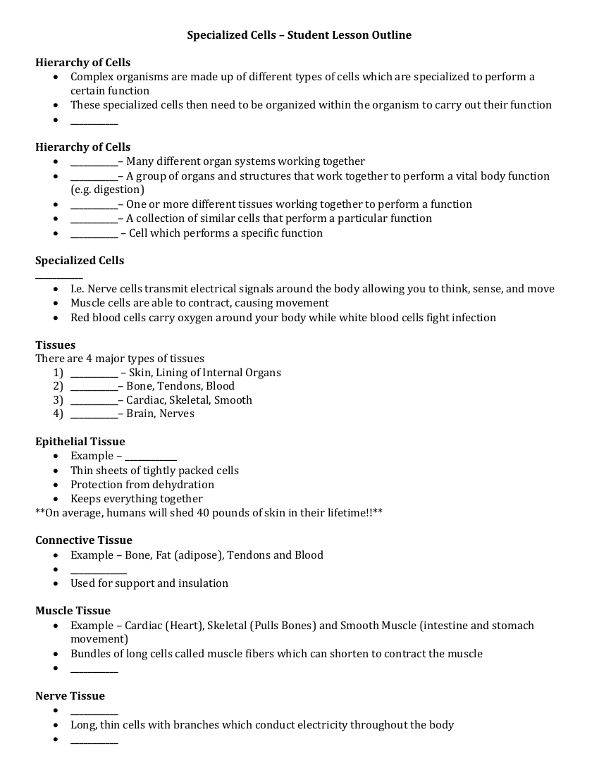 Specialized Cells - Student Lesson Outline