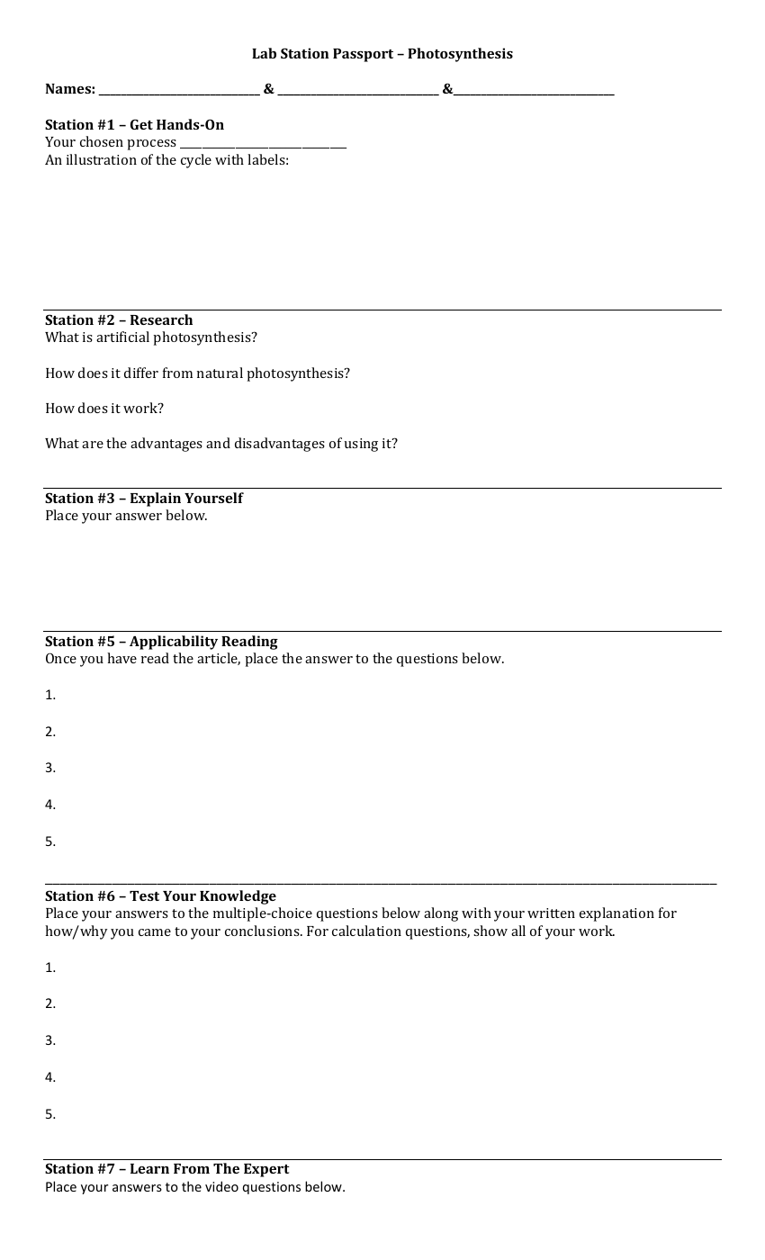 Photosynthesis - Lab Station Passport