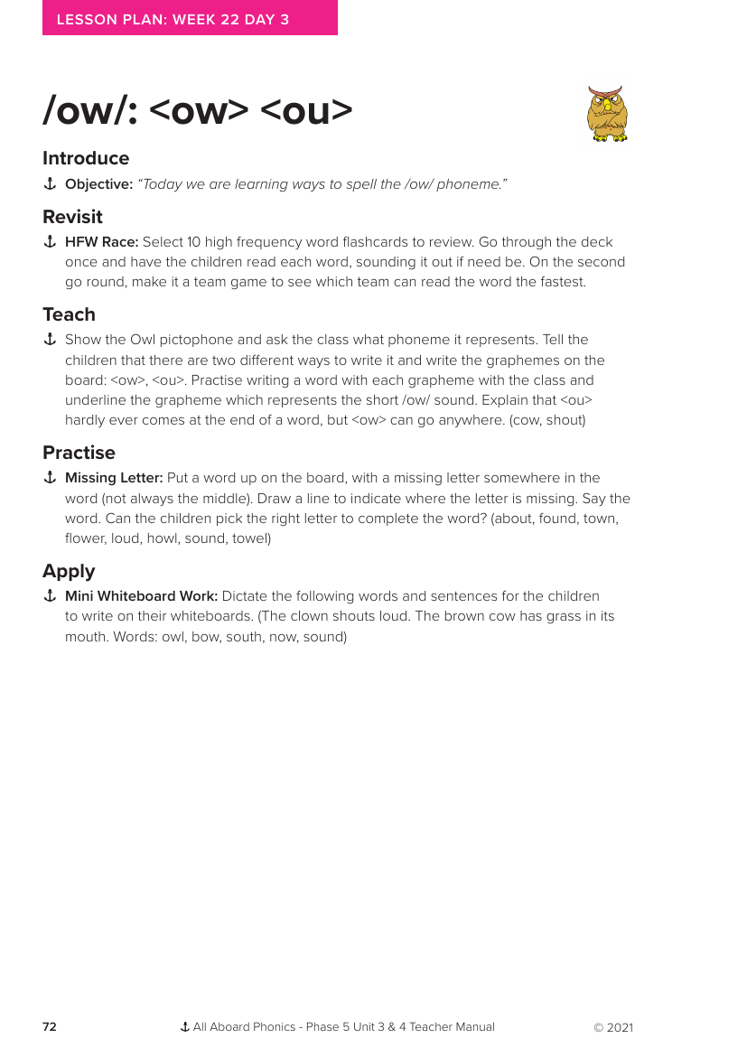 Week 22, lesson 3 Phoneme "ow, ou" - Phonics Phase 5, unit 3- Lesson plan